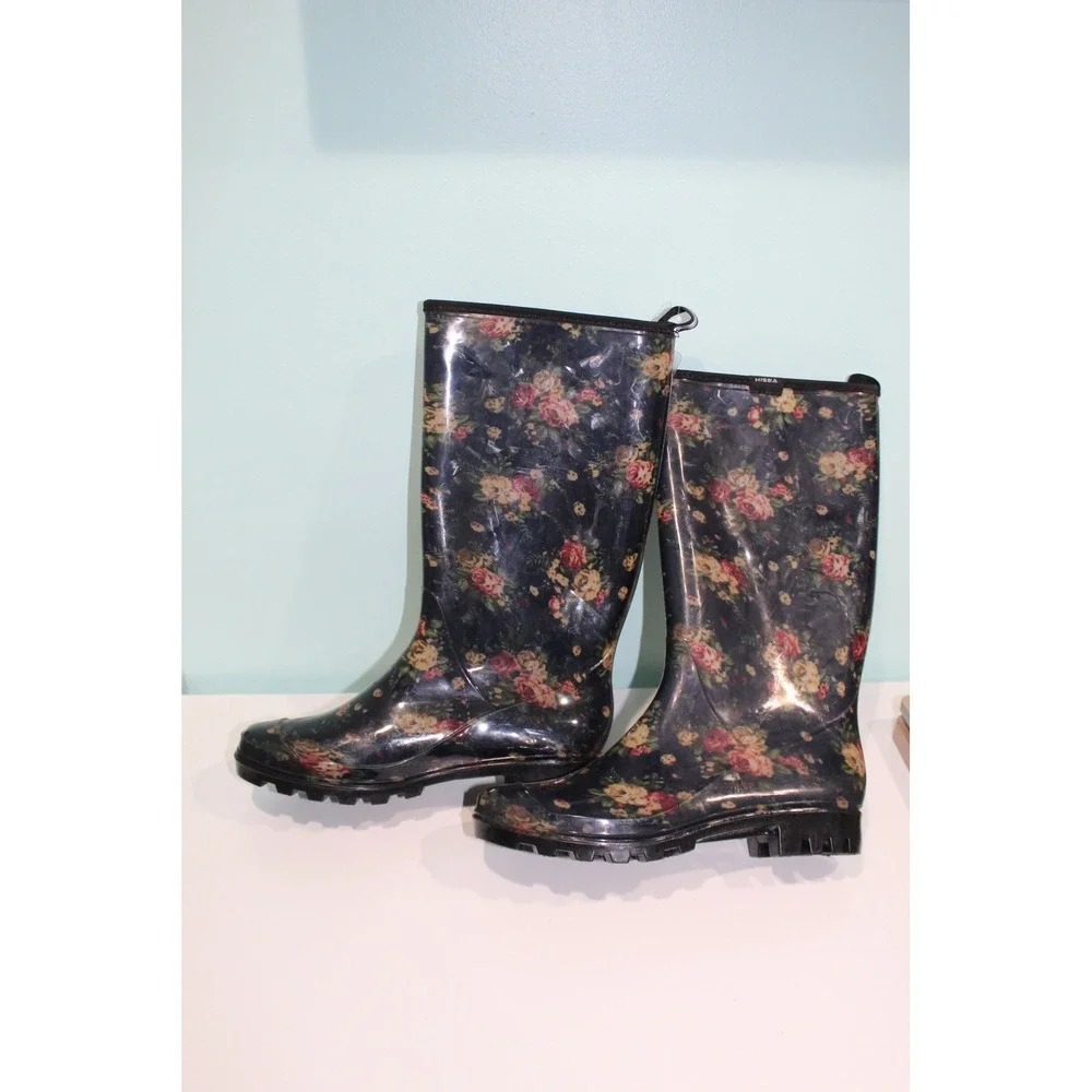 HISEA Womens Floral Print Waterproof Rubber Rain Boots Navy Blue Rose Size 9